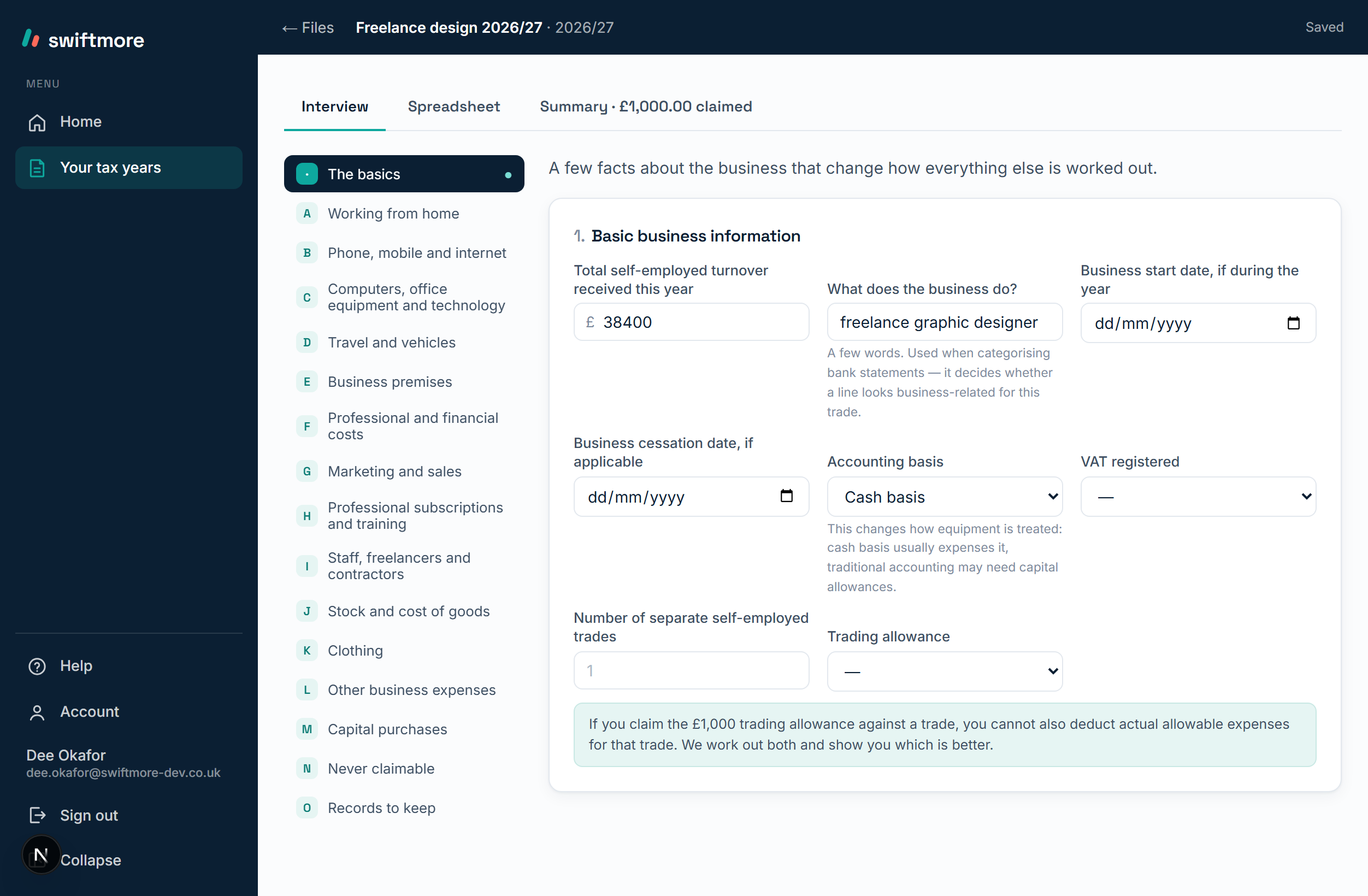 The interview tab of a sole trader file in swiftmore: sections A to O down the left from working from home to records to keep, and the basics form with turnover of £38,400 and the business described as freelance graphic designer.